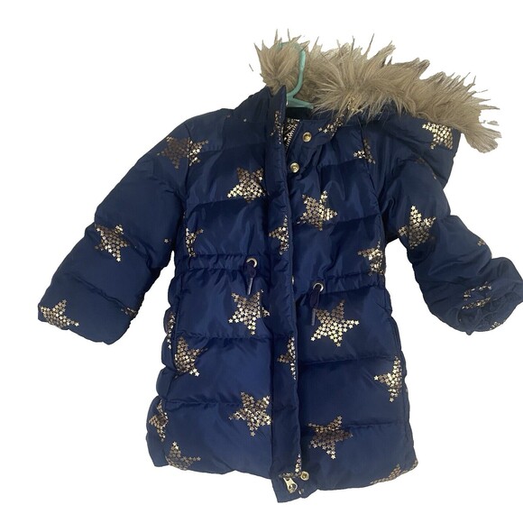 BABY GAP Navy Blue/Gold Stars Fur Trim Hood Goose Down Long Winter Jacket Sz 2 T